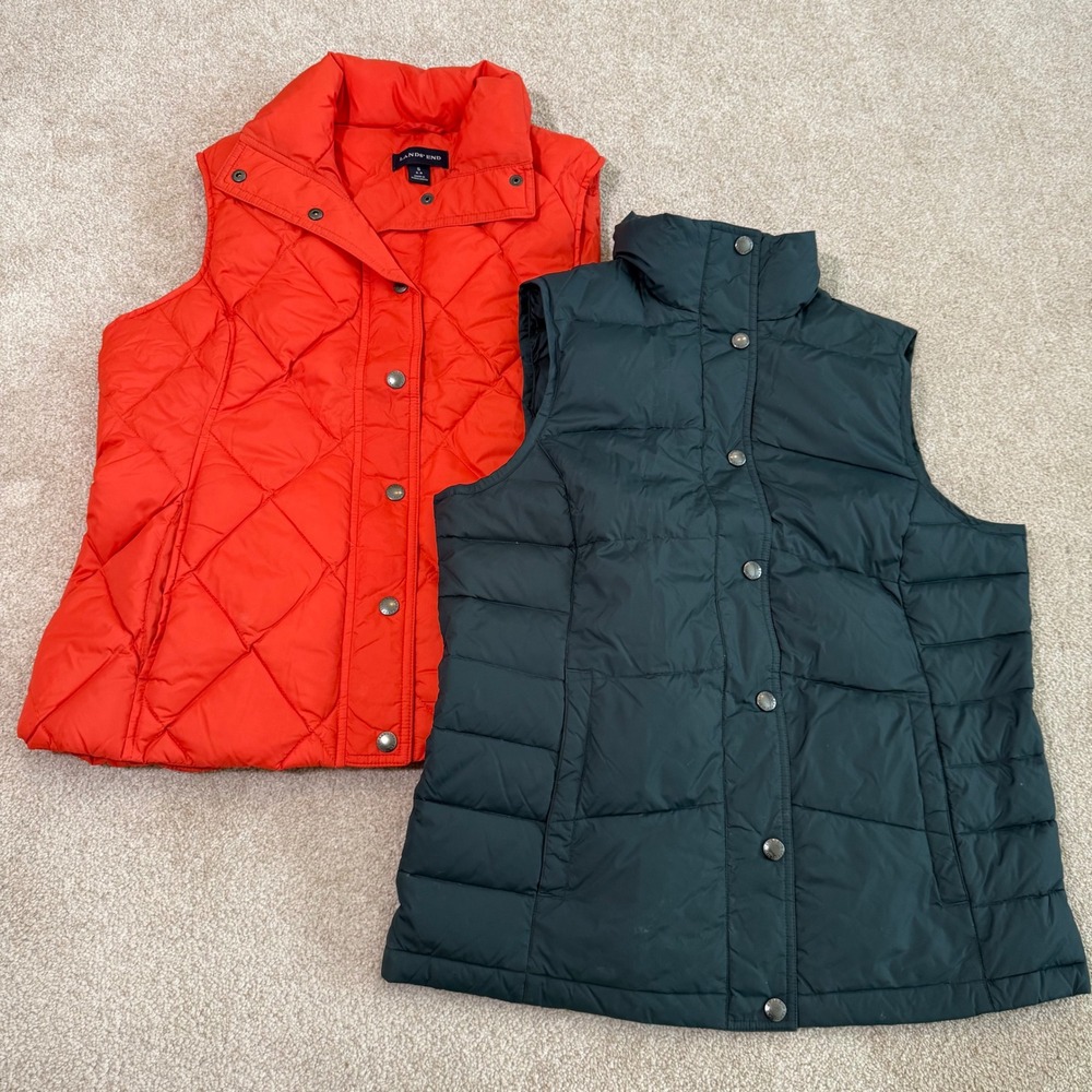Lands'‎ End Kids 2 Down Vests Size S 6-8 Orange and Black Insulated Warm Winter